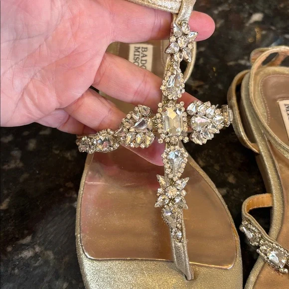 Badgley Mischka Crystal Embellished Gold Sandals - Picture 4 of 7